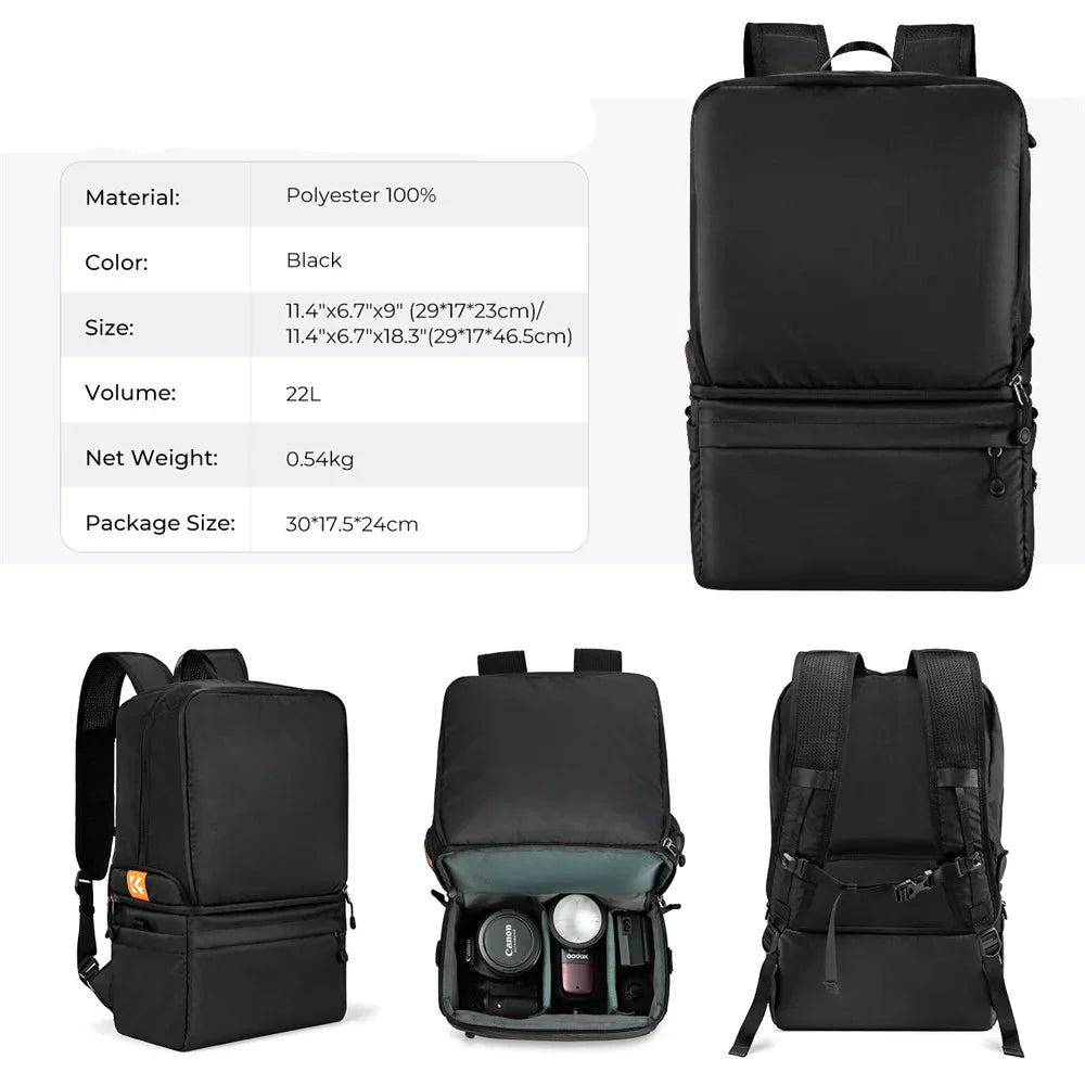 NNEOBA 22L 2-in-1 Camera Backpack Sling Bag Black